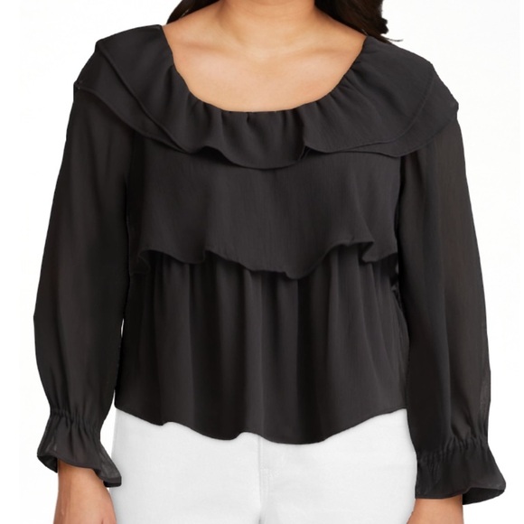 NEW! Time and Tru Black Long Sleeve off-the-shoulder Ruffle Blouse Top NWT - XL - Picture 6 of 16